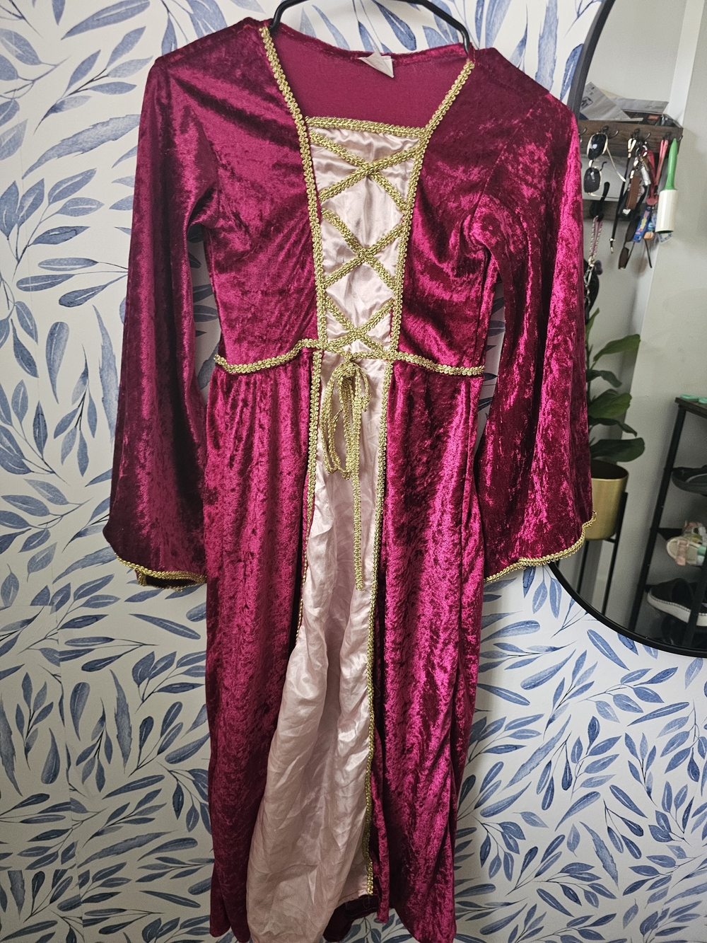 Girls' Burgundy Velvet Princess Costume Dress with Gold Trim